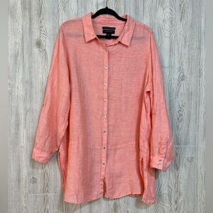 Tahari Linen Coral Button-Up Roll Tab Sleeve Blouse Top Size 2X